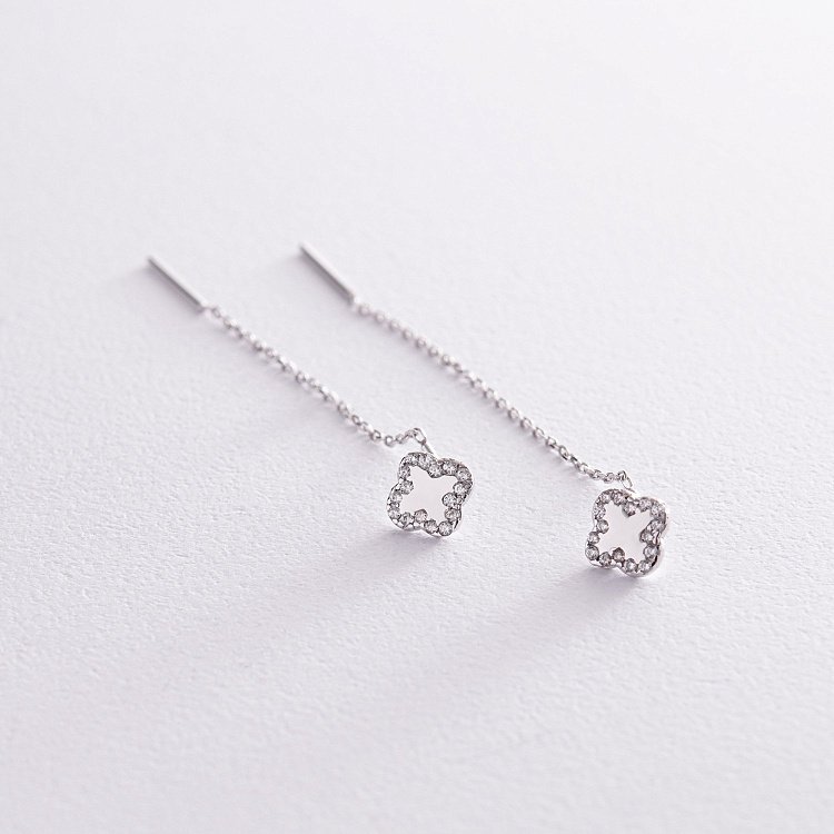 Сережки - протяжки "Конюшина" в білому золоті (фіаніти) с08161 від ювелірного магазину Онікс - 2