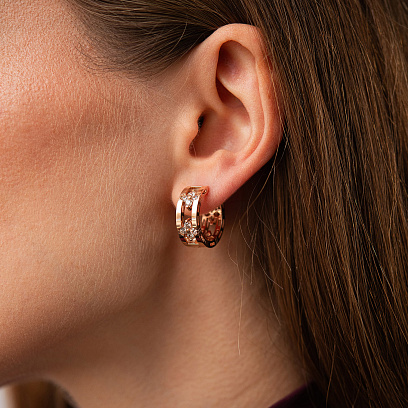 Серьги - кольца "Клевер" в красном золоте (фианиты) с09540