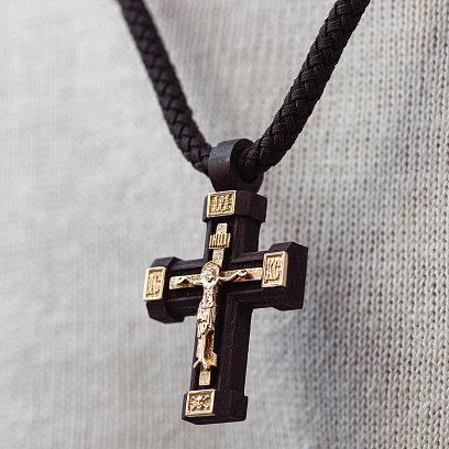 Чоловічий православний хрест "Розп'яття. Спаси та Збережи" на шнурі з ебенового дерева та золота кол02245 №4