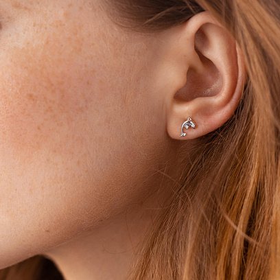 Золотые серьги - пусеты "Дельфины" с бриллиантами 311391121 №2