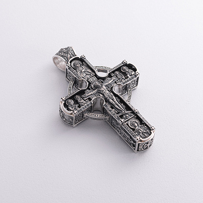 Срібний хрест "Ісус Христос зі святими. Спаси та Збережи" з ебеновим деревом 1602 №4