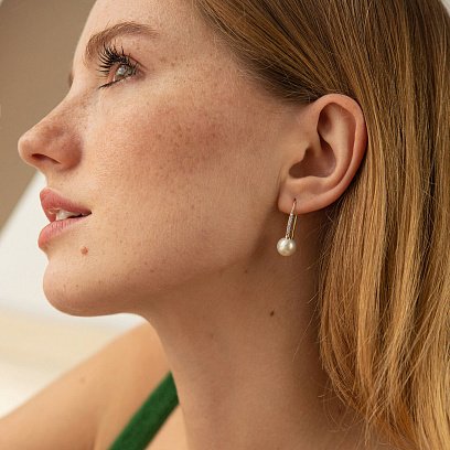 Золоті сережки - петельки "Олівія" з перлами і фіанітами с08516 №2