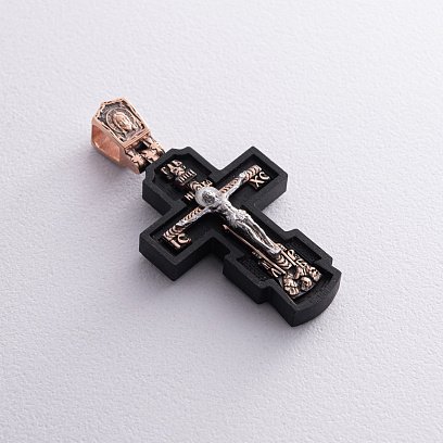 Золотой крест "Распятие. Пресвятая Богородица" с эбеновым деревом 632з