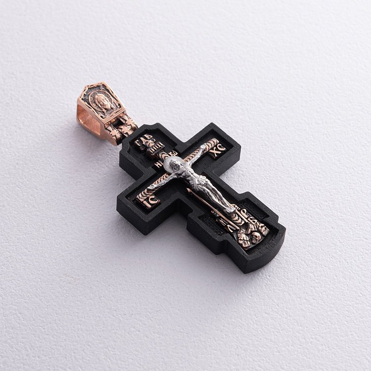 Золотой крест "Распятие. Пресвятая Богородица" с эбеновым деревом 632з от ювелирного магазина Оникс