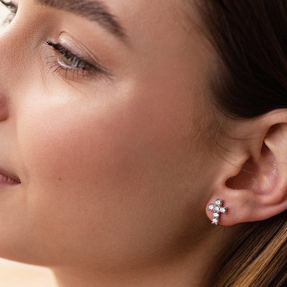 Срібні сережки - пусети "Хрестики" (фіаніти)  058310 №2