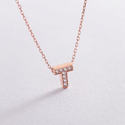 Колье с буквой "Т" в красном золоте (фианиты) кол01255Т