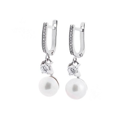 Золотые серьги с фианитами и культ. пресн. жемчугом с02893 №3