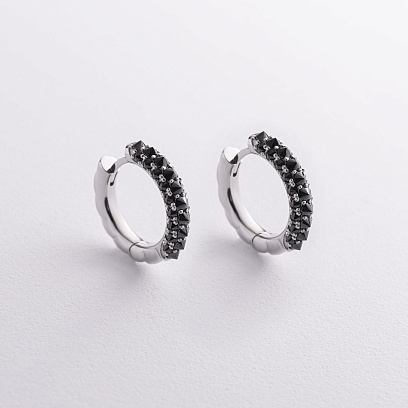 Золотые серьги - кольца "Nicola" с черными фианитами с09532