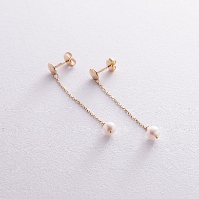 Серьги - пусеты "Жемчужина на цепочке" в желтом золоте с08293 №4