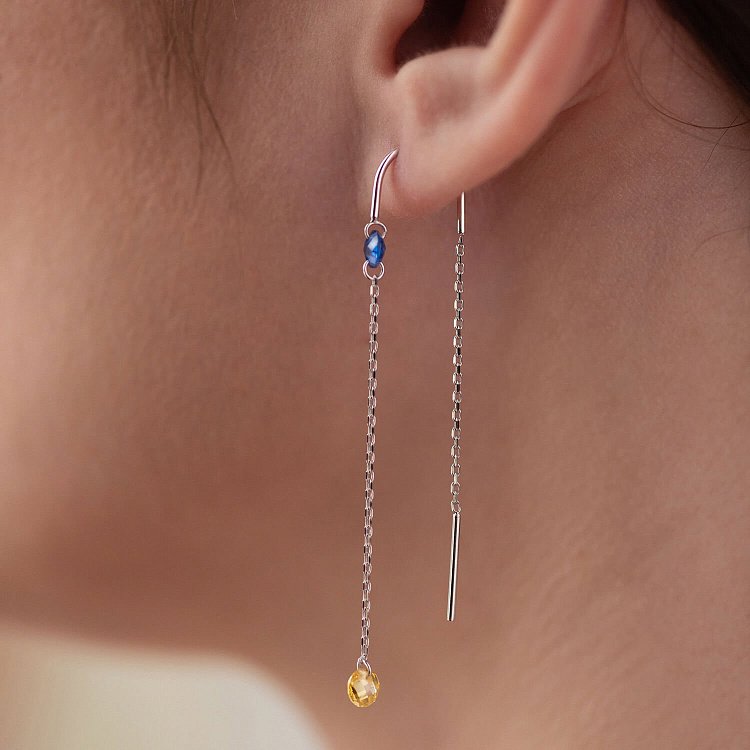 Золотые серьги - протяжки "Украинка" (голубые и желтые фианиты) с08390 от ювелирного магазина Оникс - 5