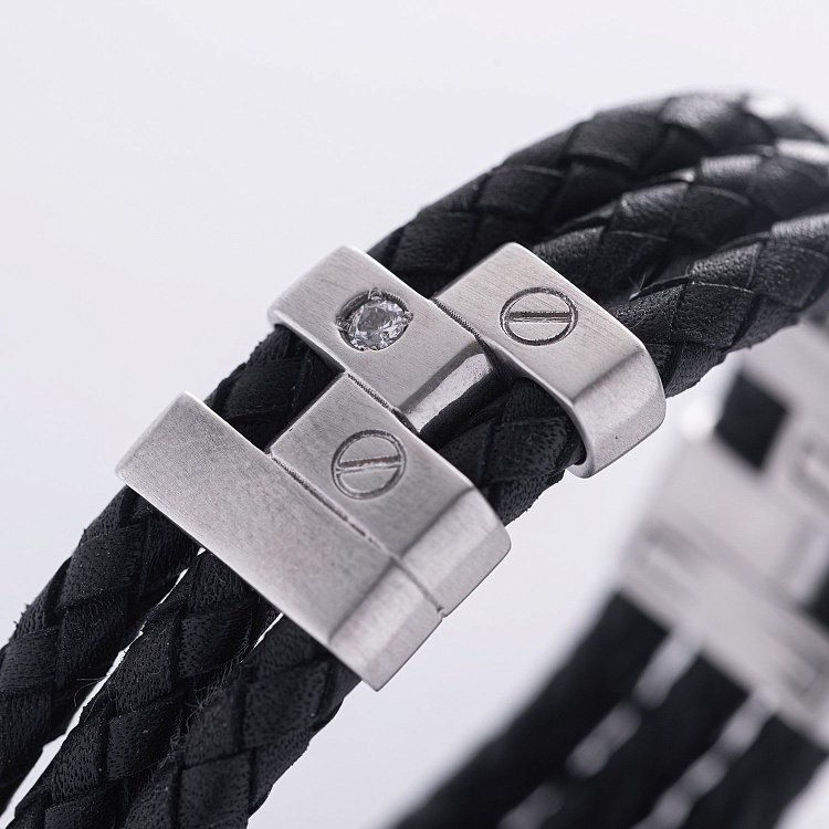 Чоловічий срібний браслет з фіанітами (шкіра) 368 від ювелірного магазину Онікс - 8