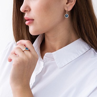 Золотые серьги с голубыми и белыми фианитами с07407 №2