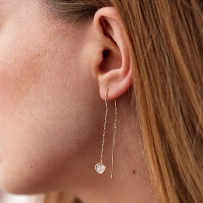 Серьги - протяжки "Сердечки" с перламутром (желтое золото) с08575 №2