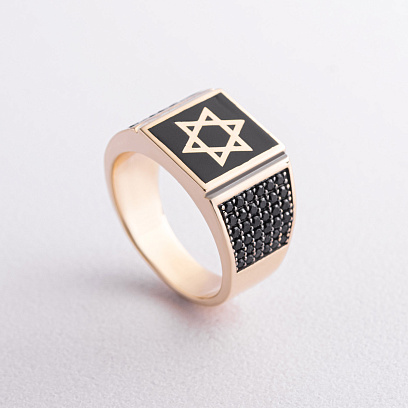 Чоловіча золота печатка "Зірка Давида" (фіаніти, емаль) к06979 №3
