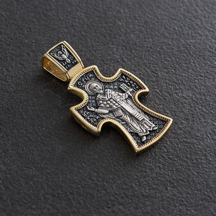 Серебряный крест (чернение, позолота)"Распятие. Николай Чудотворец" 132768 от ювелирного магазина Оникс - 5