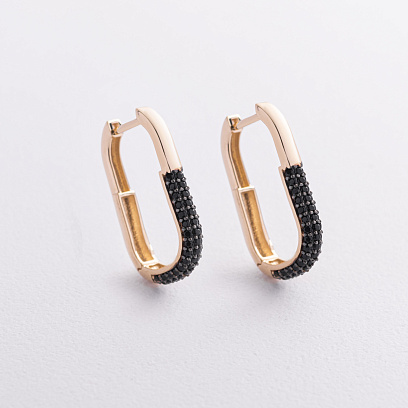 Золотые серьги с черными фианитами с09501