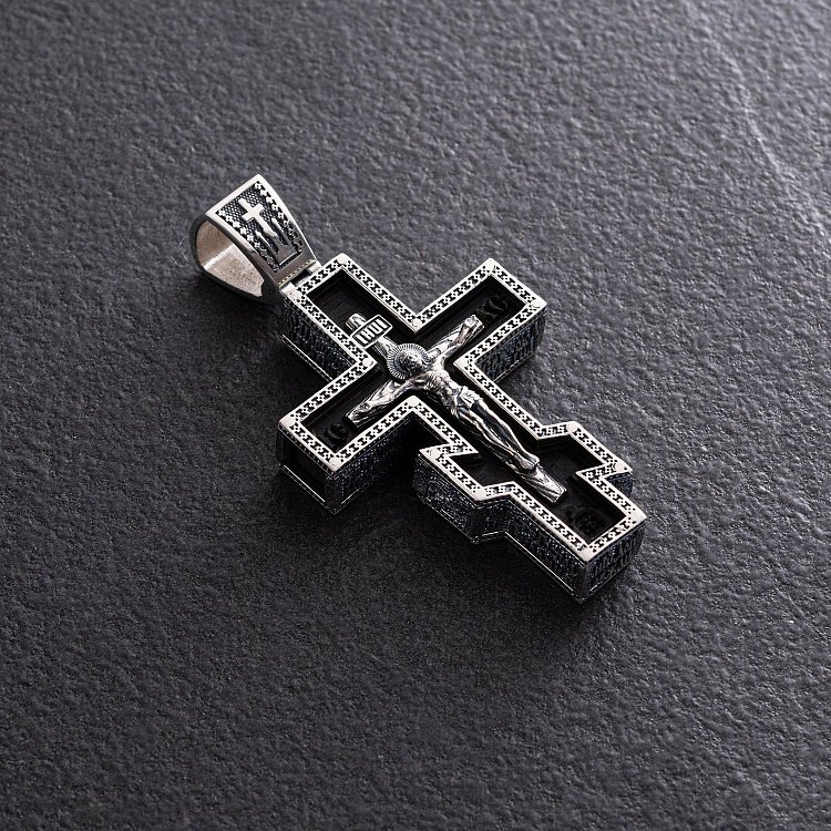 Мужской православный крест "Розп'яття. Спаси и Сохрани" (на укр. языке) из эбенового дерева и серебра 1329 от ювелирного магазина Оникс - 2