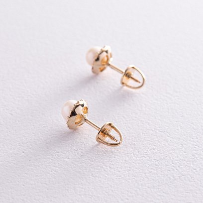 Золоті сережки - пусети з перлами і фіанітами с08168 №2