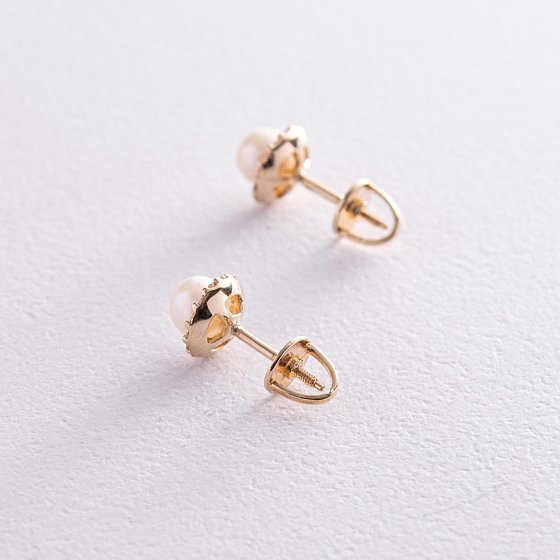 Золоті сережки - пусети з перлами і фіанітами с08168 №2