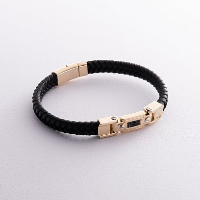 Каучуковый браслет со вставкой желтого золота (фианиты) б03996