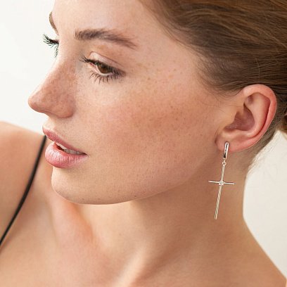 Серебряные серьги "Кресты" с фианитами 123016 №2