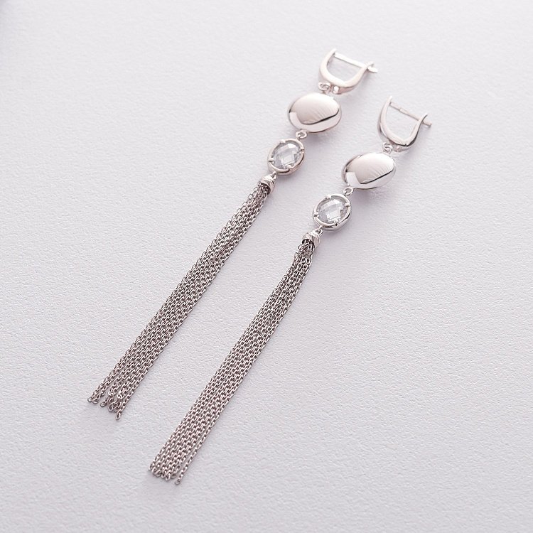 Висячие серьги из белого золота с фианитом с06447 от ювелирного магазина Оникс