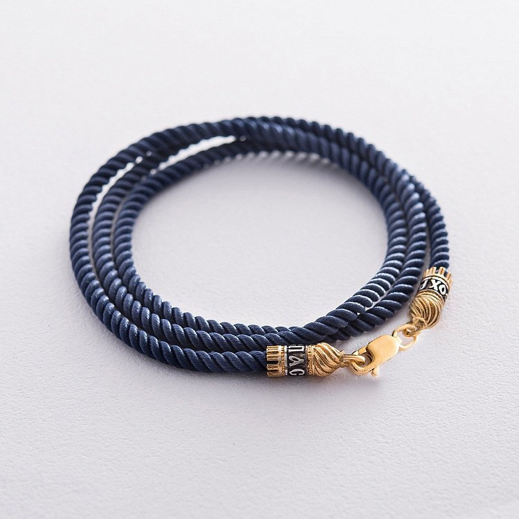 Шелковый синий шнурок "Спаси и сохрани" с серебряной позолоченной застежкой (3мм) 18442 от ювелирного магазина Оникс