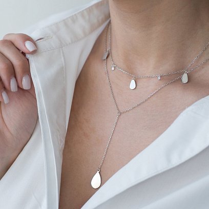 Двойное серебряное колье "Капельки" с фианитами 18934