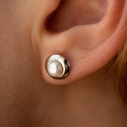 Серебряные сережки - пусеты с культ. пресн. жемчугом 121304 №6