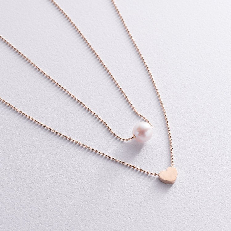 Подвійне кольє "Сердечко і перлина" (червоне золото) кол02547 від ювелірного магазину Онікс - 1