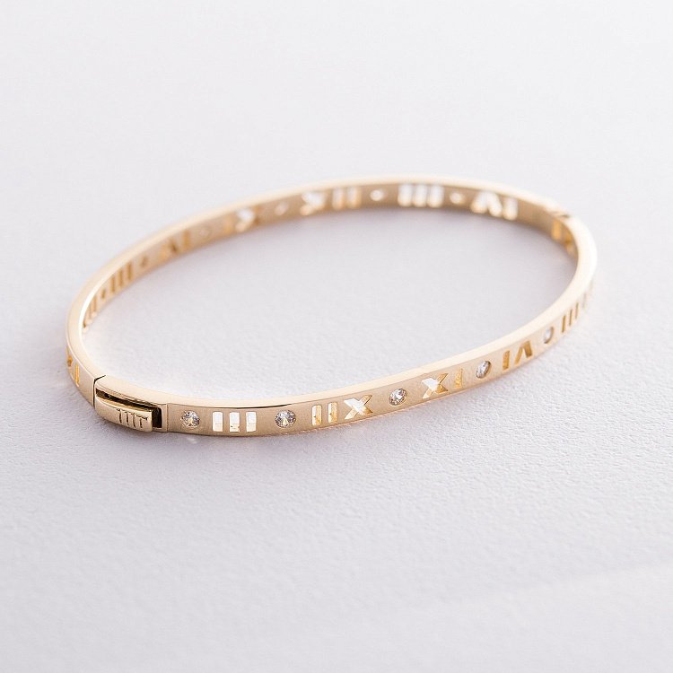 Жорсткий золотий браслет "Римські цифри" з фіанітами б03895 від ювелірного магазину Онікс - 2