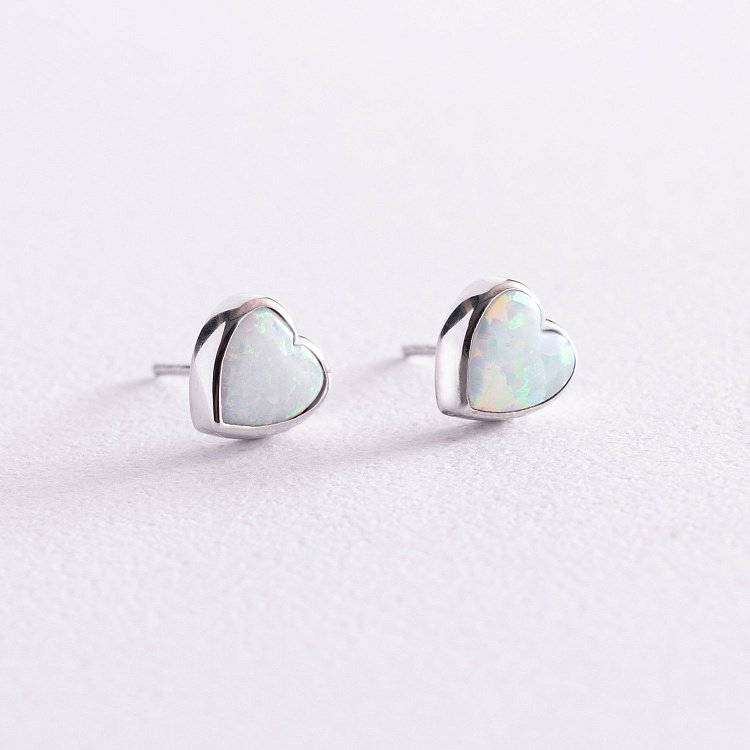 Золотые серьги - пусеты "Сердечки" с опалом с07745 от ювелирного магазина Оникс