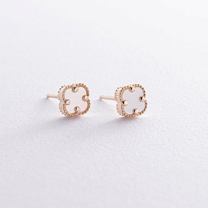 Cерьги - пусеты "Клевер" с перламутром mini (желтое золото) с08406