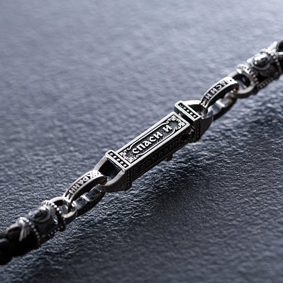 Шелковый шнурок "Спаси и Сохрани. С ликами святых" с серебряными вставками 1093шн №10