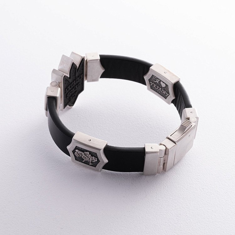 Мужской серебряный браслет "Герб Украины - Тризуб" (кожа, эбен) 1079 от ювелирного магазина Оникс - 8