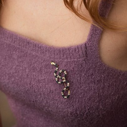 Золота брошка "Змія" з чорними та білими фіанітами зак00339 №6