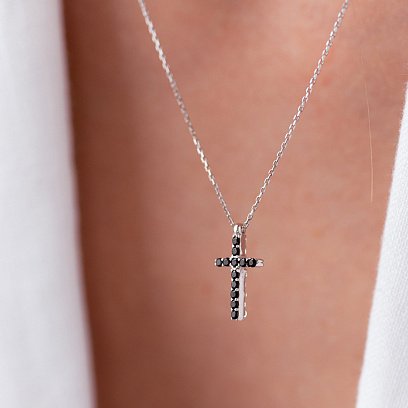 Золотое колье с крестиком (черные и белые фианиты) кол00816 №9