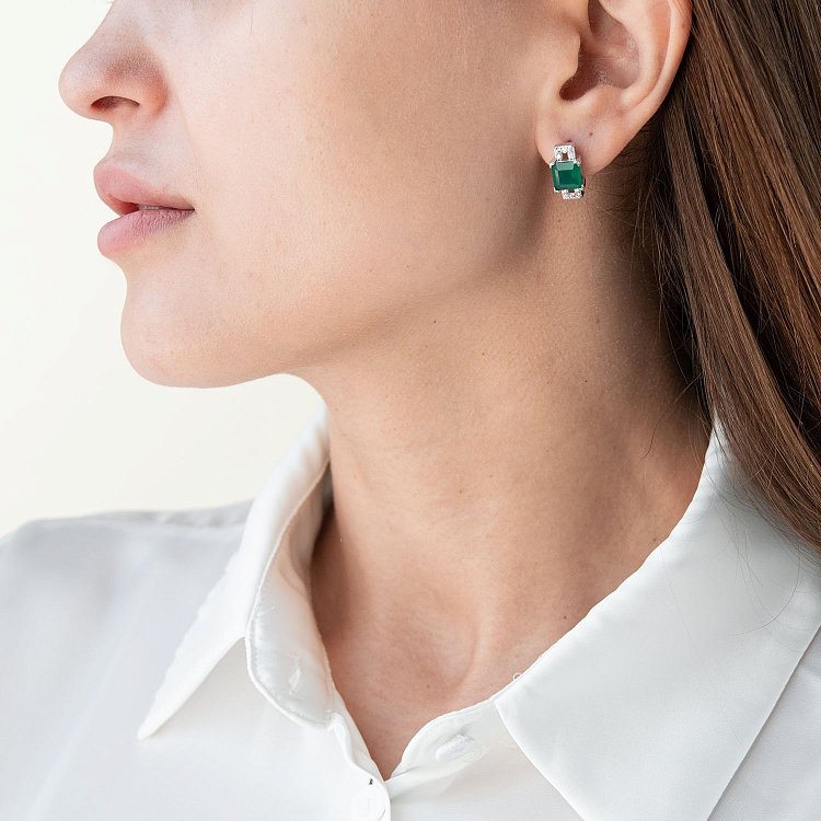 Срібні сережки з хризопразами і фіанітами 121369 від ювелірного магазину Онікс - 1