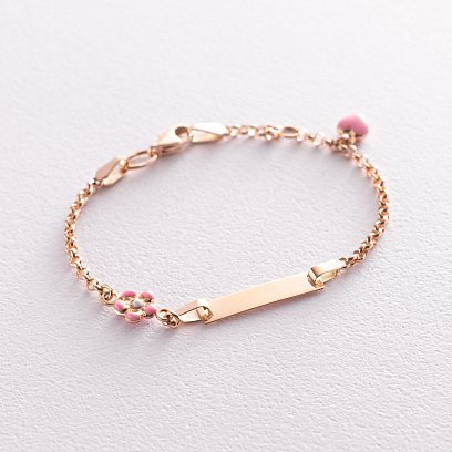 Золотой детский браслет "Цветочек и Сердечко" с эмалью б04579