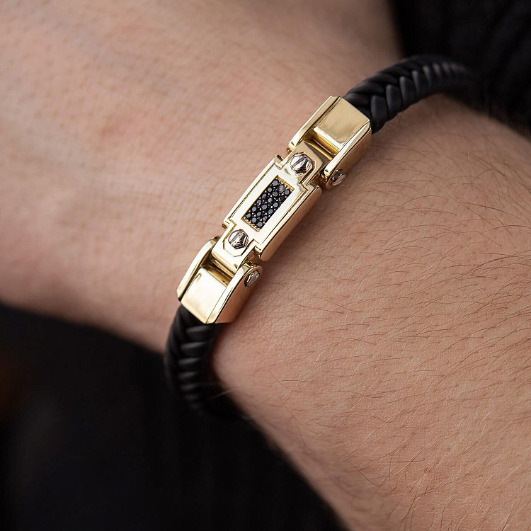 Каучуковий браслет зі вставкою жовтого золота (фіаніти) б03996 від ювелірного магазину Онікс - 1