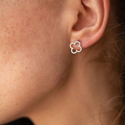 Золотые серьги - пусеты "Клевер" с фианитами с08284 №5