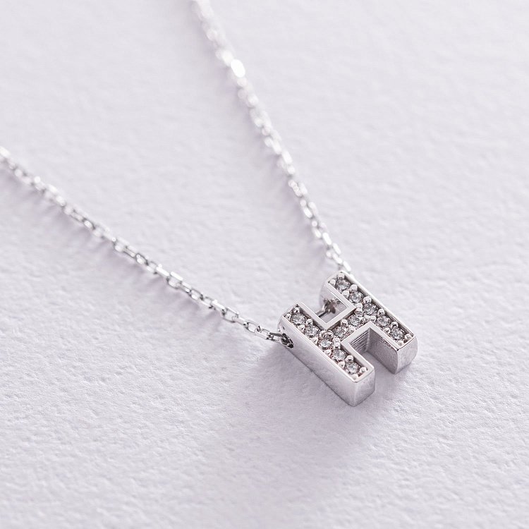 Кольє з буквою "Н" в білому золоті (фіаніти) кол01329Н від ювелірного магазину Онікс