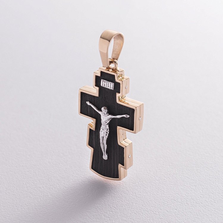 Чоловічий православний хрест з ебенового дерева та золота "Розп'яття. Спаси і Збережи" п0025ж від ювелірного магазину Онікс