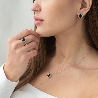 Сережки "Конюшина" в білому золоті (онікс) с06902 №4