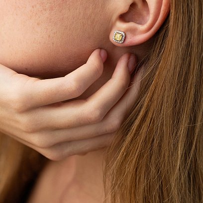 Золотые серьги - пусеты с белыми и желтыми бриллиантами сб0406nl №7