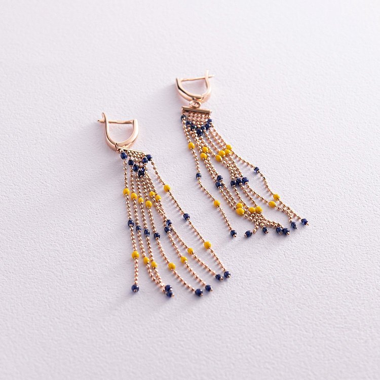 Патріотичні сережки з ланцюжками у червоному золоті (синя та жовта емаль) с08121 від ювелірного магазину Онікс - 2