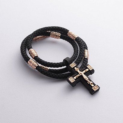 Чоловічий православний хрест "Розп'яття. Спаси та Збережи" на шнурі з ебенового дерева та золота кол02245