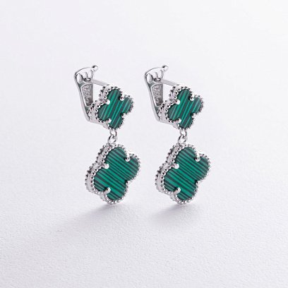 Серебряные серьги "Клевера" (синт. малахит) 123378