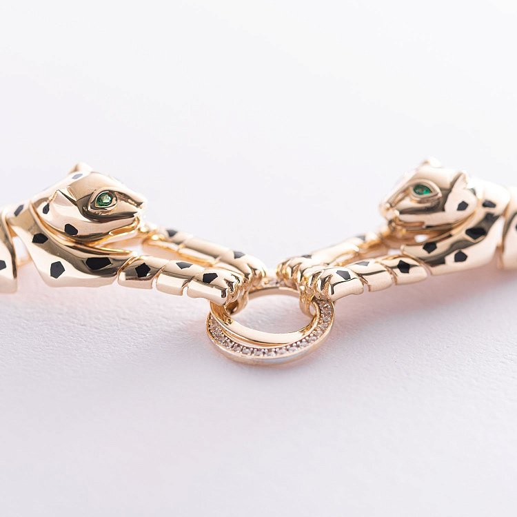 Кольє "Пантери" в жовтому золоті (фіаніт, емаль) кол01724 від ювелірного магазину Онікс - 2