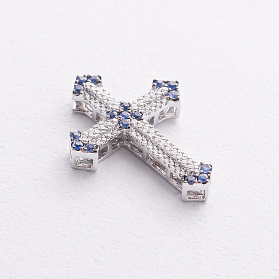 Крестик в белом золоте (бриллианты, сапфиры) пб0392ca